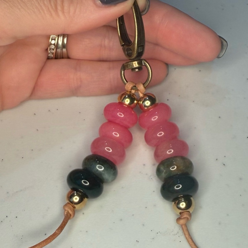 Pink and Green Beaded bag charm - Picture 2 of 6